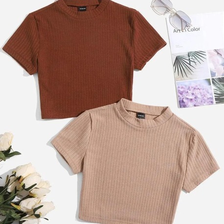 Kadın 2 Li Adet Fitilli %100 Pamuklu Bisiklet Yaka Örme Crop T-shirt