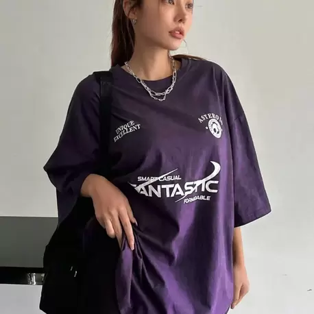 Fantastıc Süprem T-Shirt -Mor Baskılı Oversize Bisiklet Yaka Tişört