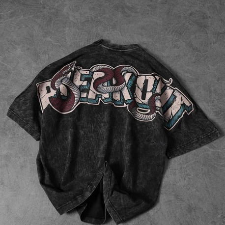 Erkek Antrasit Snake Baskı Özel Yıkamalı Kumaş  Oversize Tshirt