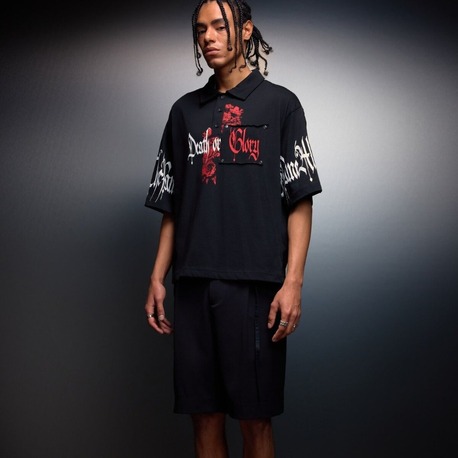 Erkek Siyah Death or Glory Patchli Box Fit Polo Yaka Tshirt