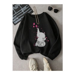 Kadın Siyah Fil Özel Göğüs Baskılı Oversize Bisiklet Yaka Sweatshirt 
