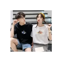 Tom Ve Jerry Tasarım Sevgili Çift Kombini Beyaz Oversize Tshirt 2'li Set