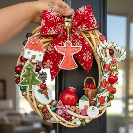 El Yapımı Çini Kapı Süsü (6) – Doğal Ahşap Kapı Çelengi (30 cm)