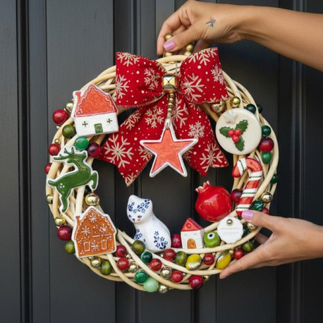 El Yapımı Çini Kapı Süsü (5) – Doğal Ahşap Kapı Çelengi (30 cm)
