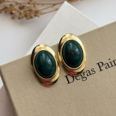 Oval Model Yeşil Gold Küpe