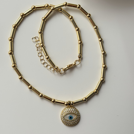 Mavi Taşlı Göz Detay Gold Kolye