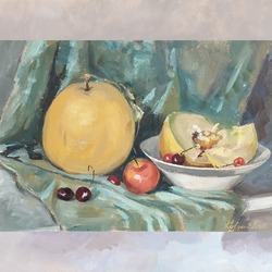 Kavun, Kırmızı Elma ve Kiraz, Karton üzerine Orijinal Yağlı Boya Tablo, Natürmort 35X25 cm