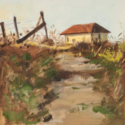 Sahildeki Köy Evi konulu Tuval Üzerine Orijinal Yağlıboya Tablo Natürmort 20x20 cm