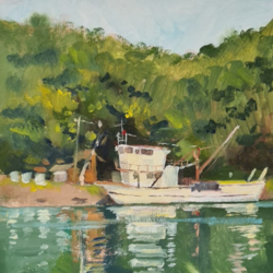 Balıkçı Teknesi ve Karadeniz, Orjinal Yağlı Boya, Manzara Peyzaj 20x20 cm