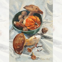 Fesleğen/Çörek Mantarı, Cevizler ve Süs Kabağı, Yağlı Boya Tablo Natürmort Tablo
