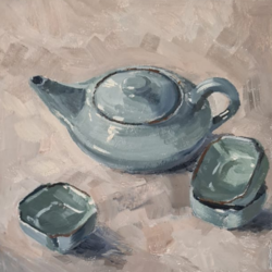 Çin Porselen Çay Demliği ve Fincanları, Kağıt Üzerine Orijinal Yağlı Boya Tablo 20x20 cm