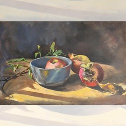 Porselen Kase İçinde Trabzon Hurması ve Elma, Tuval Üzerine Orijinal Yağlı Boya, Natürmort 35X50 cm