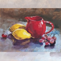 Porselen Kırmızı Kahve Süt Sürahisi, Üzüm ve Armut, Orijinal Yağlıboya, Natürmort 35x25 cm