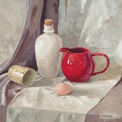Çin Porselen Su Bardağı, Su ve Kahve Süt Sürahisi, Natürmort Guaj Tablo 35x35 cm