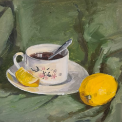 Bir Fincan Çay ve Limon, Kağıt Üzerine Orijinal Yağlı Boya, Natürmort 20x20 cm
