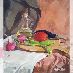 Bir Sürahi Zeytinyağı ve Sebzeler, Tempera Teknik Natürmort Resim 35x38 cm