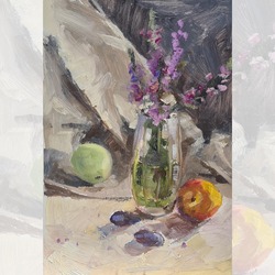 Sürahideki Mor Çiçek, Şeftali ve Yeşil Elma, Duralit üzerine Orijinal Yağlı Boya, Natürmort 25x35 cm