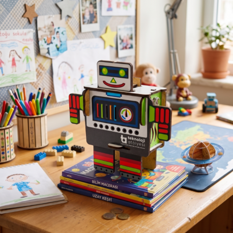 Ahşap Işıklı Robot Kumbara STEM Eğitici Deney Seti