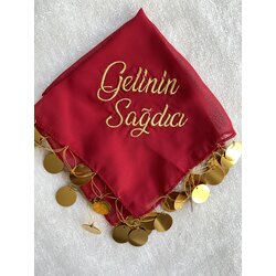 1Adet - Nakışlı Şifon Kumaş Gelinin Sağdıcı Yazılı Halay Mendili