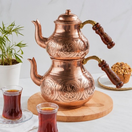Büyük Boy Bakır Çaydanlık 2,6 Lt – El İşçiliği Ahşap Kulplu Çaydanlık