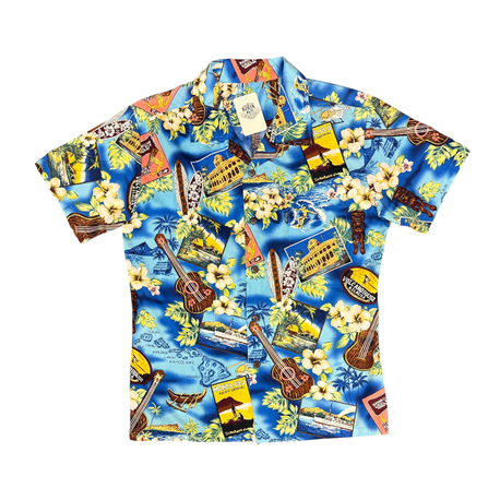 90's Hawaiian Aloha Print Blue Short Sleeve Shirt