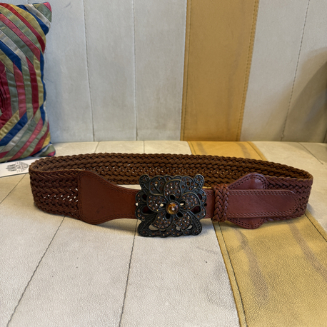 Y2K Vintage Braided Leather Belt – Statement Flower Buckle Wide Brown Belt