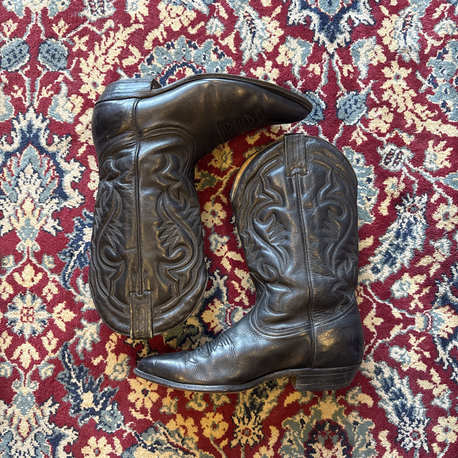 Cowboy Boots Black Genuine Leather Embroidered