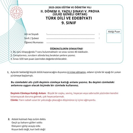 9. Sınıf Edebiyat Ülke Geneli Ortak 2. Dönem 2. Yazılı Örnekleri