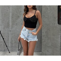 Taşlı ince askılı crop