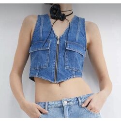 Denim Fermuarlı Yelek