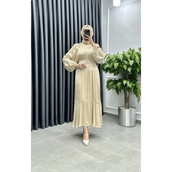 taşlı kemer detaylı saten elbise