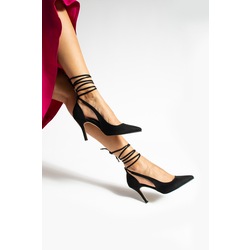 La Limar siyah süet bilekten bağlamalı Stiletto kadın topuklu ayakkabı 
