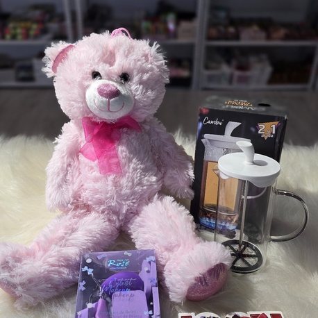 Sevgiliye Romantik Hediye Seti & Pembe Büyük Boy Peluş / Cam French Press & Makyaj Süngeri Seti