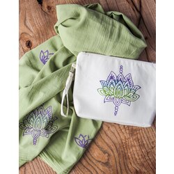 Yeşil Lotus & Nilüfer Baskı Çanta & Pamuklu Şal 