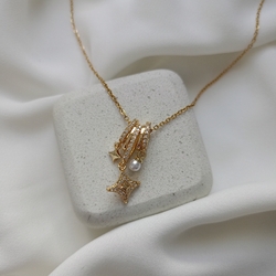 Lente Aksesuar Çelik Zincir Gold Yıldız ve İncili Charm Kolye-Kadın Kolye