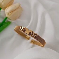 Lente Aksesuar Gold Renk Çelik Hasır Kelepçe Bilezik Üçlü Kelebek Figürlü Ayarlanabilir Model