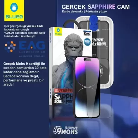 Blueo Sapphire 16 Pro Max Uygulama Aparatlı 9 MOhs %99.99 Orijinal Safir Ekran Koruyucu