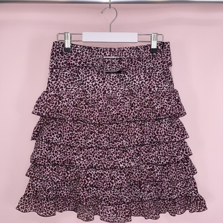Kemerli Pembe leopar midi etek