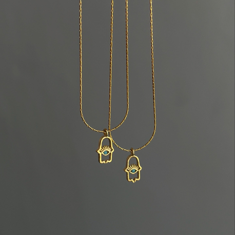 Mavi Boncuklu Hamsa Kolye / Gold