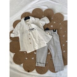 Gri Keten gömlek-tişört-pantolon takımı