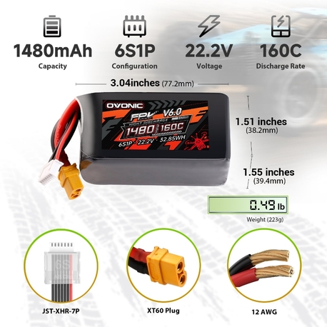 Ovonic 6S 1480mAh 160C 22.2V LiPo Battery