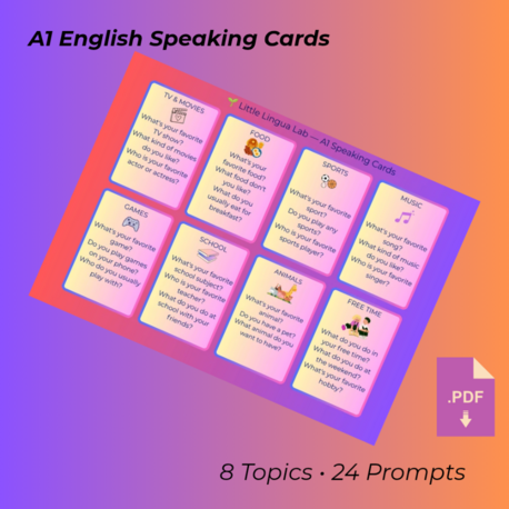 A1 seviye ingilizce speaking kartları/ 24 konuşma kartı (dijital pdf)