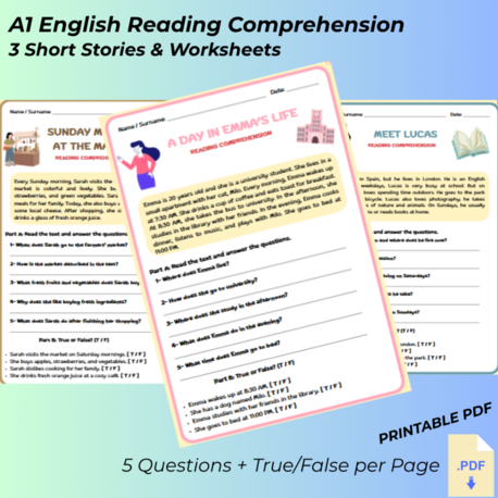 İngilizce A1 Okuma ve Anlama Çalışma Kağıdı Seti - Reading Comprehension (Dijital PDF)