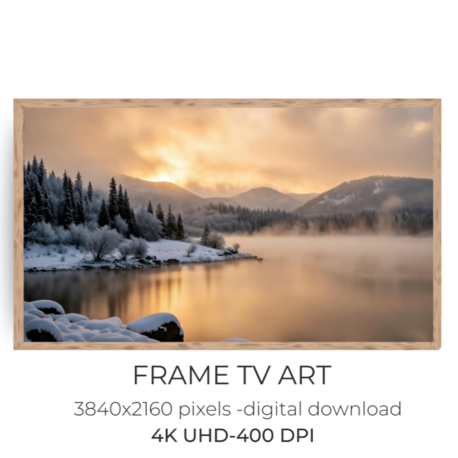 Snow Scene Frame TV Art – Winter Lake Sunset Digital Download Samsung TV