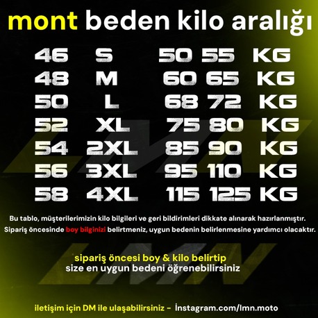 MONT KİLO ARALIĞI BEDEN BİLGİSİ ( AÇIKLAMA )
