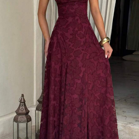 Elegant Lace Up Waist Backless Uzun Elbise - Bordo