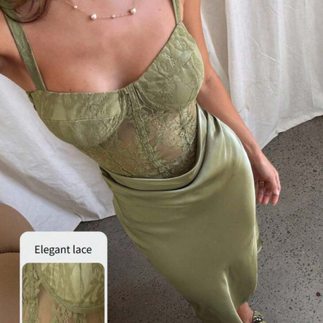 Spaghetti Lace Dekolteli Yeşil Elbise