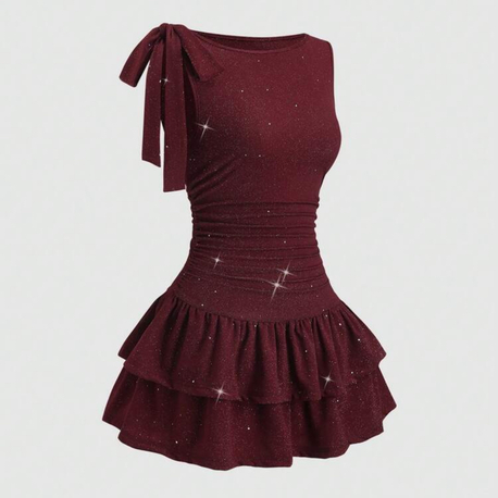 Asimetrik Yaka Mini Lolita Simli Elbise -Bordo