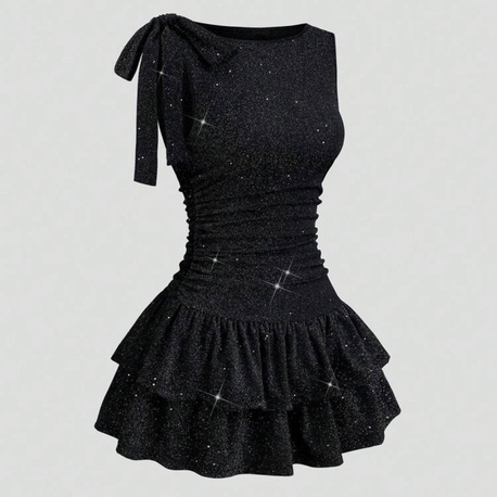 Asimetrik Yaka Mini Lolita Simli Elbise - Siyah