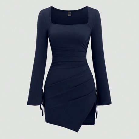 Sleeve Pleads Casual Elbise -Lacivert
